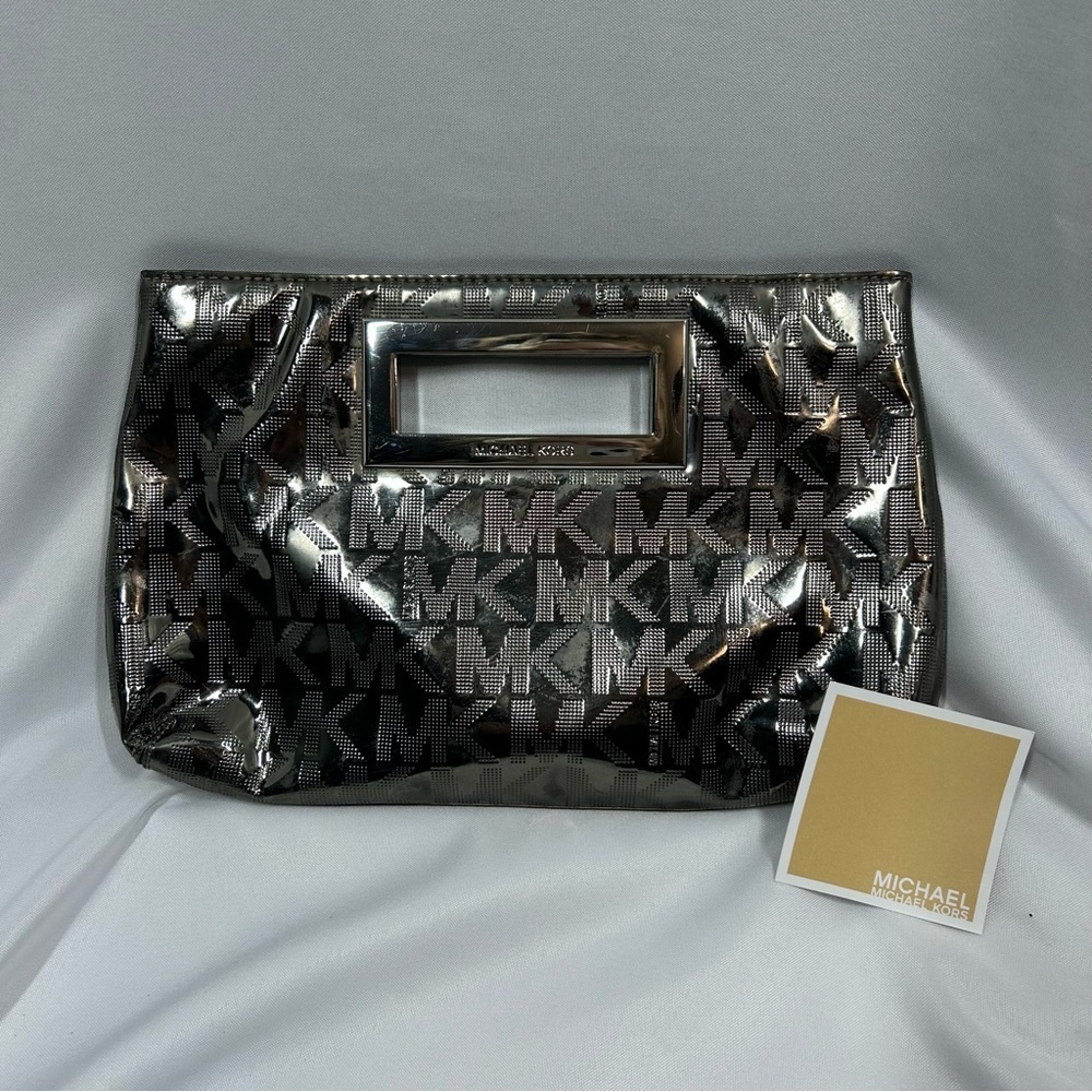 Michael Kors | Berkley Signature Mirror Logo Clutch Silver Handbag Purse